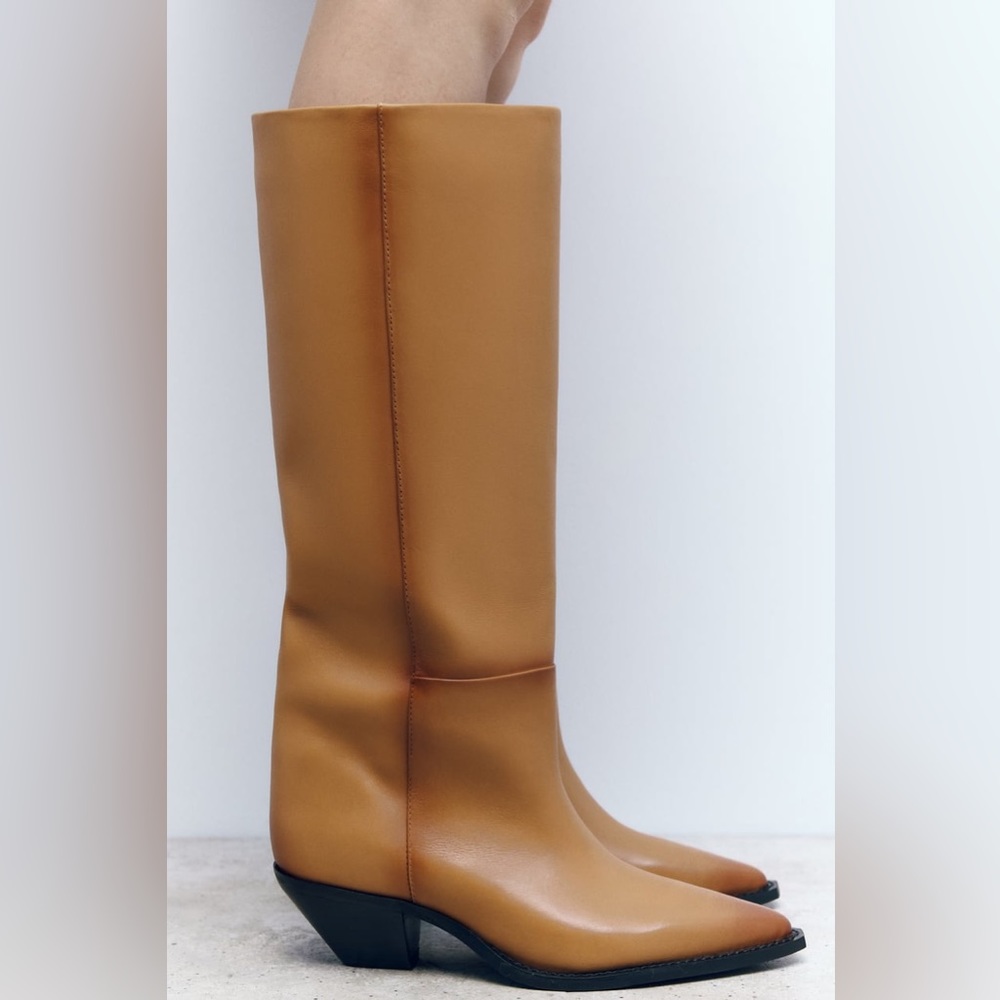 ZARA HEELED LEATHER COWBOY BOOTS | BEIGE | 1010 110 - Picture 3 of 9